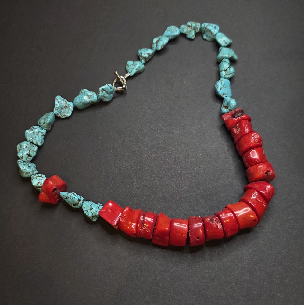 Artisan Handmade Turqouise And Coral Stone Necklace